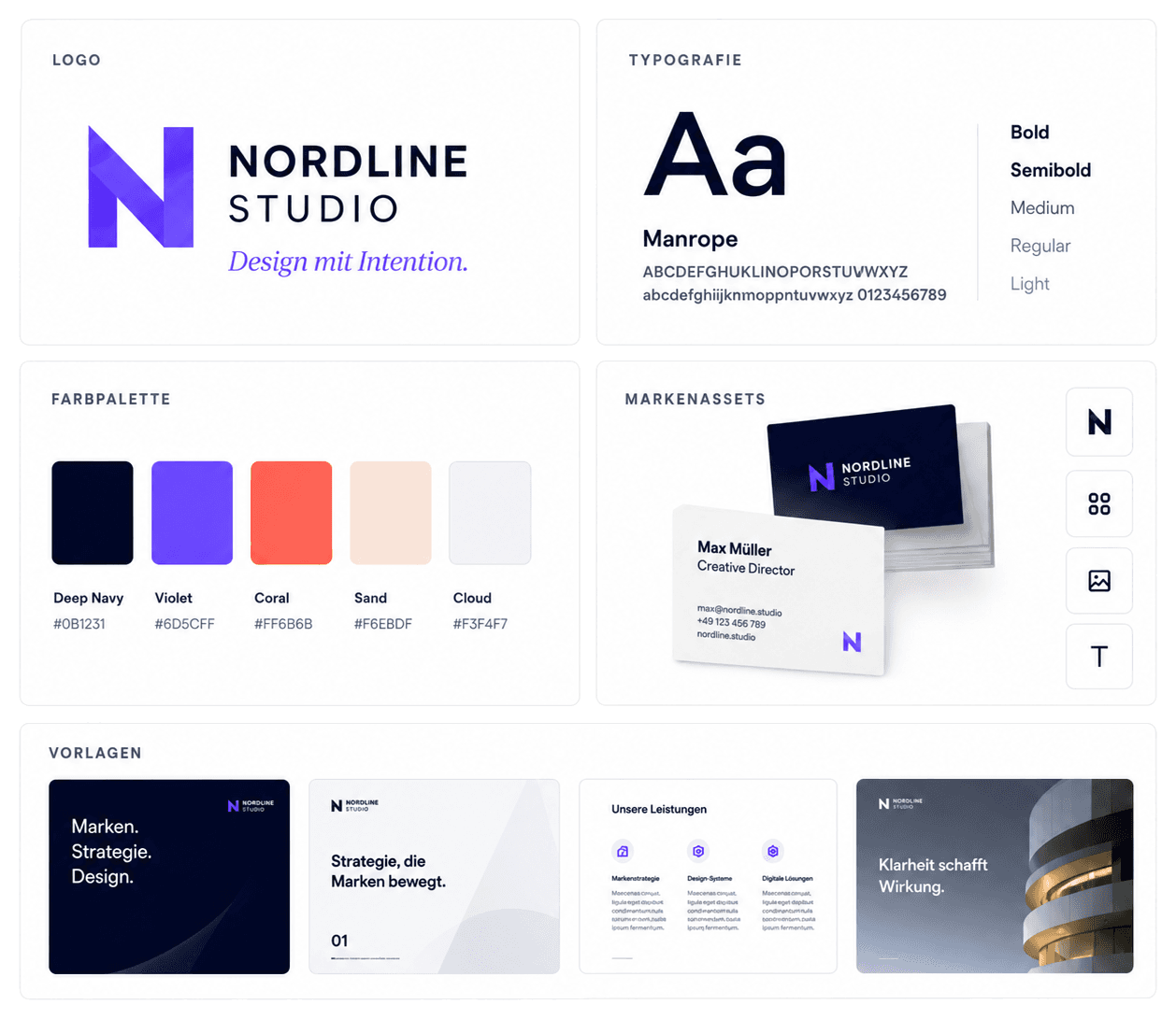 Brand-Guideline-Grafik mit schwebenden Marken- und Designkarten