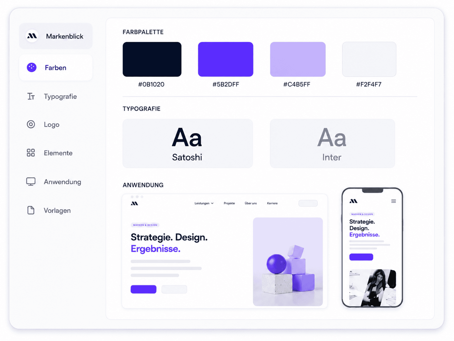 Brand-System-Dashboard mit Farbpalette, Typografie und Anwendungs-Mockups