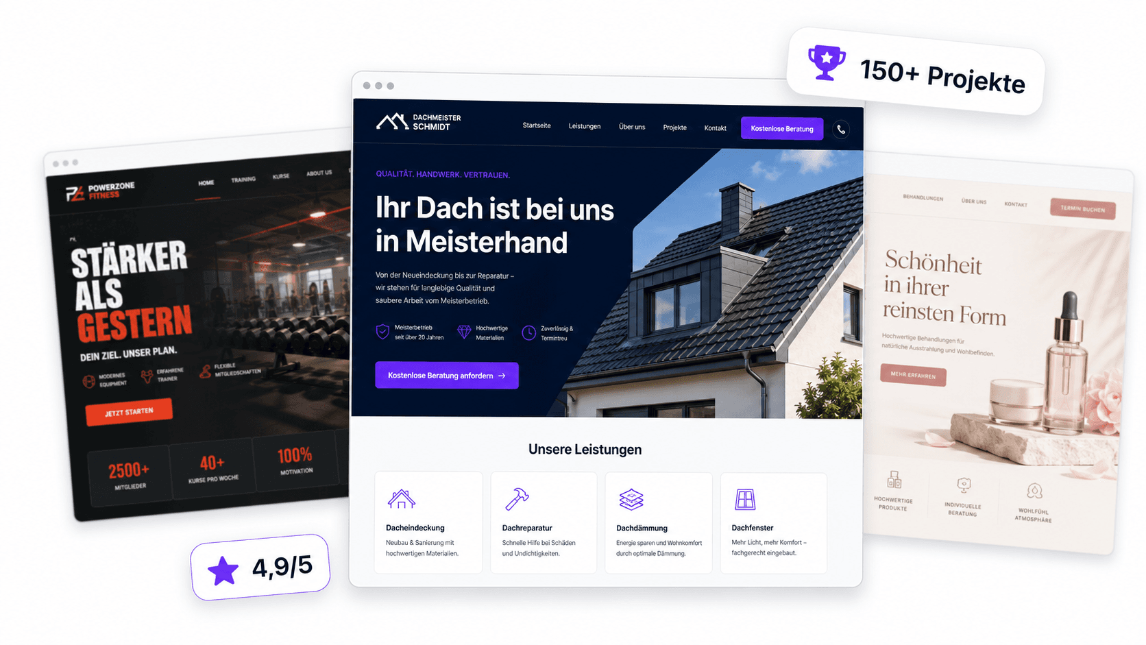 Drei Kunden-Websites von Medientrupp im Vergleich: Handwerk, Fitnessstudio und Kosmetikstudio, mit Auszeichnungen für 150+ Projekte und 4,9/5 Bewertung